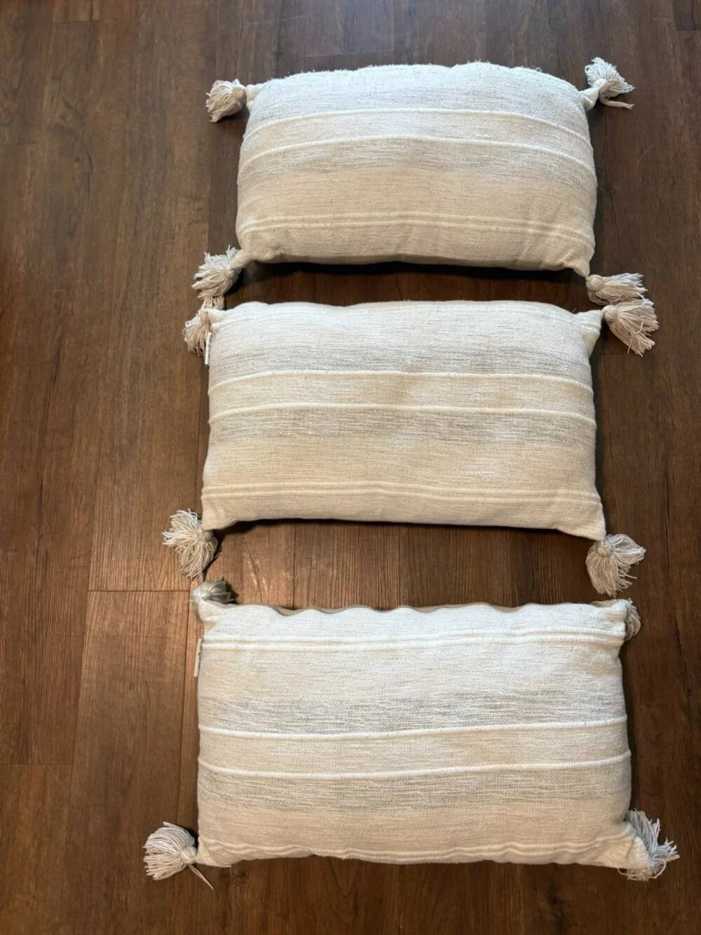 Set of 3 Neutral Boho Lumbar Pillows Cream Woven Tassels 22x13